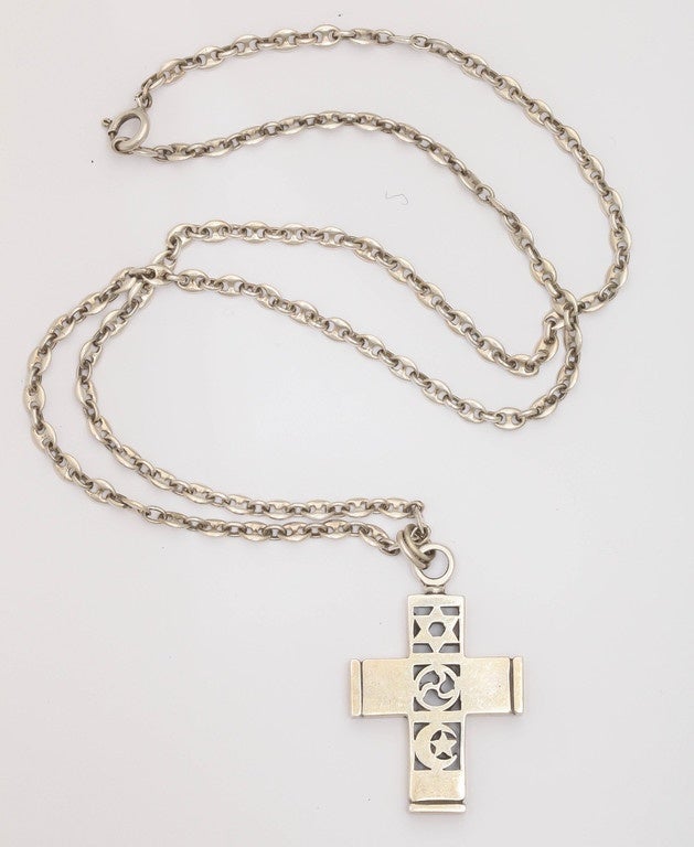 All Faith Sterling Silver Cross on an associated Silver Anchor Chain.  Cross is fully signed & dated 1996 and includes his maker's mark.  Chain is Italian & marked Italy 800 and is 24