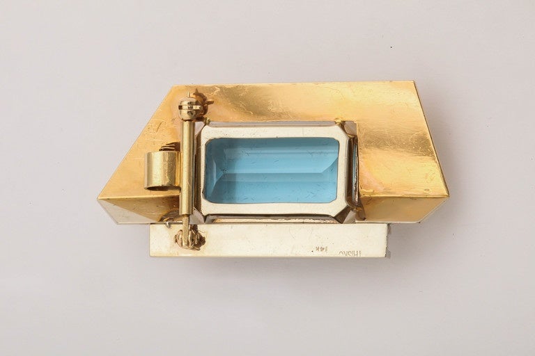 Modernist Koontz Aquamarine Diamond Gold Pendant Brooch
