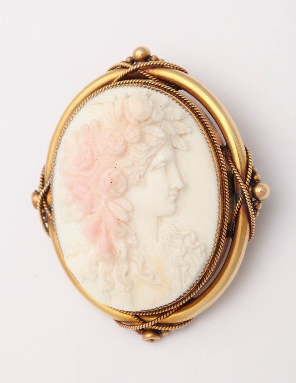 Victorian Angel Skin Cameo in Profile .  High Relief and extremely well carved mounted in an 18kt Mounting.  Ca 1870-80.  Can be worn as a Pendant, as well.

A Beauty from another Age and another Time.