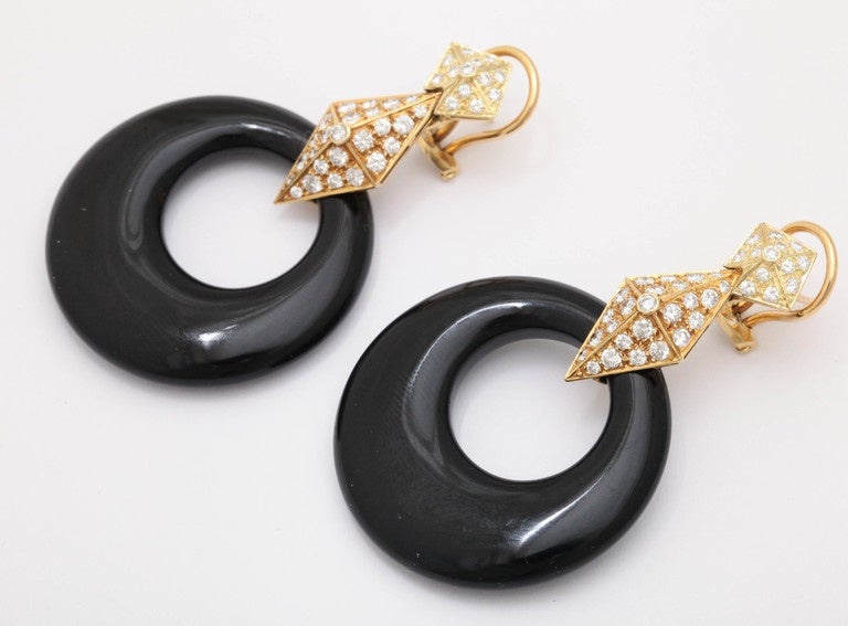 Oversized Black Onyx Hoops cascading from Double Geometric Diamond Pave Hangers.  Ca 1980.  You certainly can't help but be noticed.