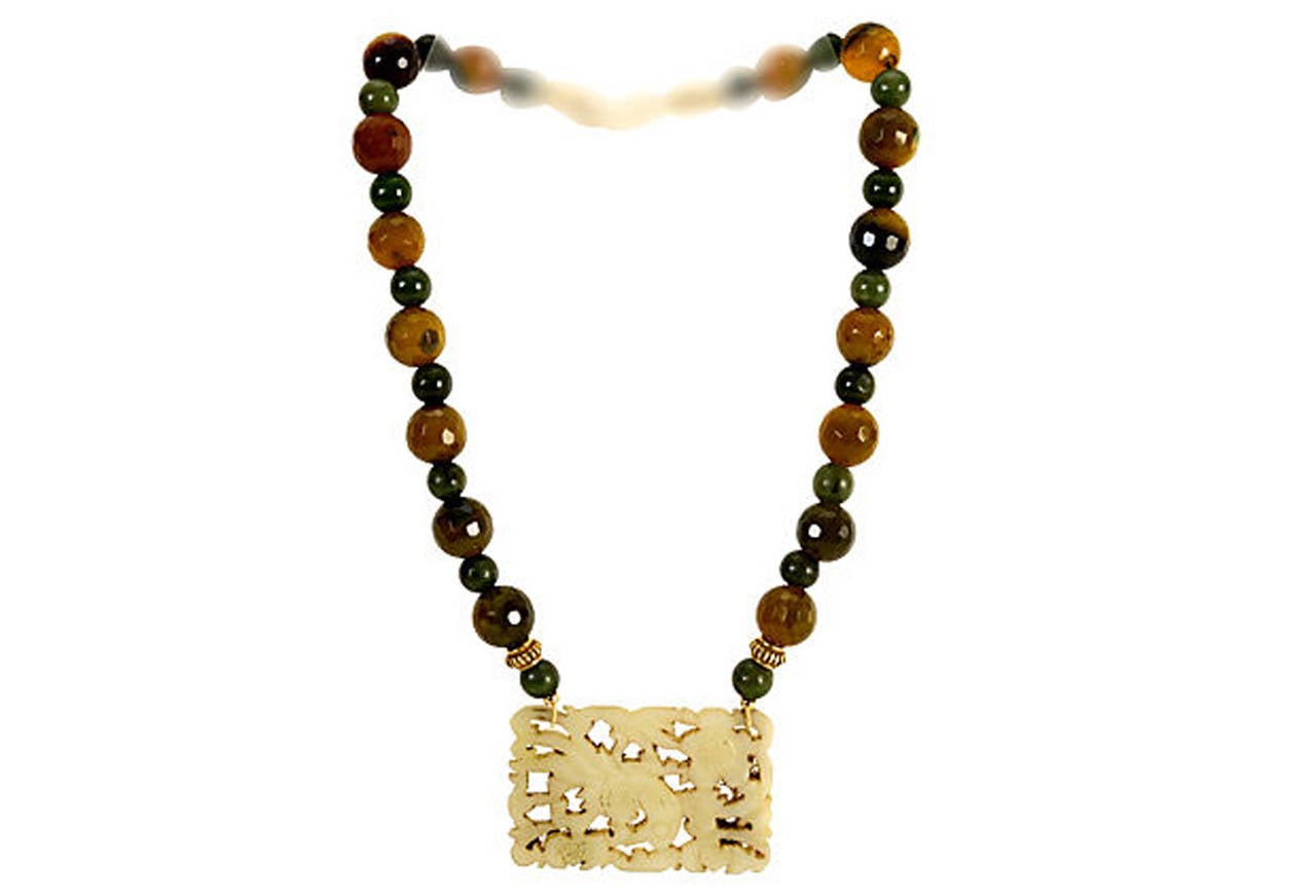Jade and Vermeil Bead Necklace with Carved Pendant In Excellent Condition In valatie, NY