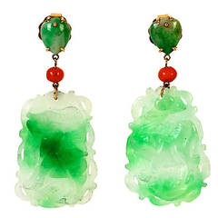 Carved Jade, Coral and Gold Drop Earrings