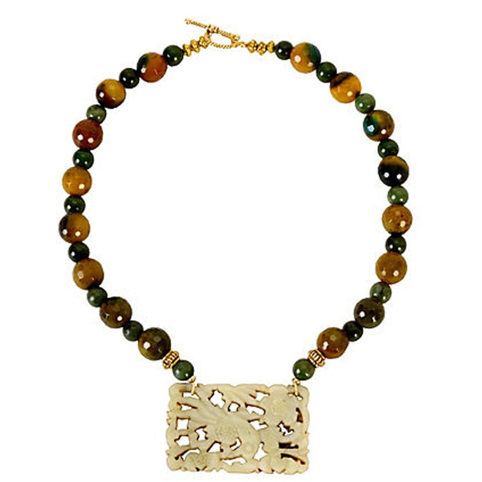 Jade and Vermeil Bead Necklace with Carved Pendant
