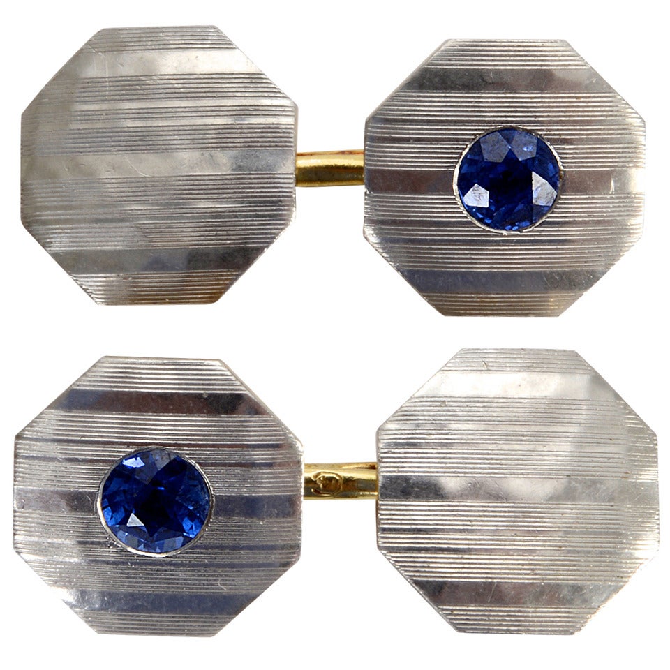 Blue Sapphire, Platinum and 18k Gold Art Deco Cufflinks c1925