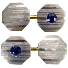 Blue Sapphire Platinum Gold Art Deco Cufflinks 2