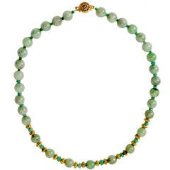 Jade Bead Necklace with Emerald and Brass Spacers