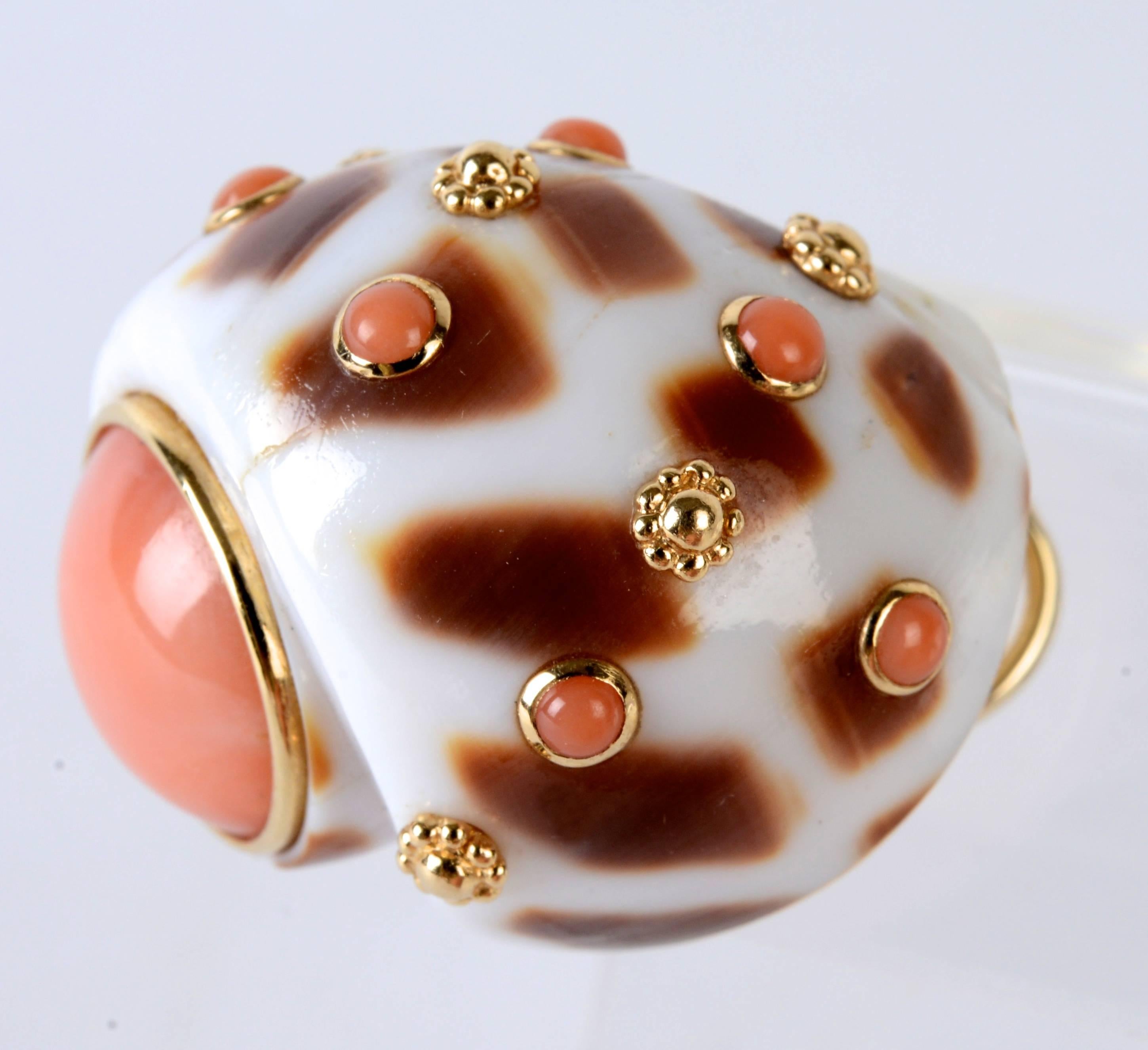 Modern Pair of Coral Gold Mounted Shell Earrings