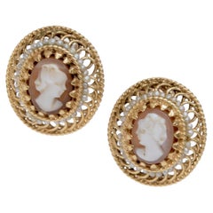 Pr of Victorian Carved Portrait Shell Cameo & Seed Pearl Earrings Set in 14 kt