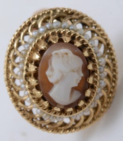 Pr of Victorian Carved Portrait Shell Cameo & Seed Pearl Earrings Set in 14 kt
