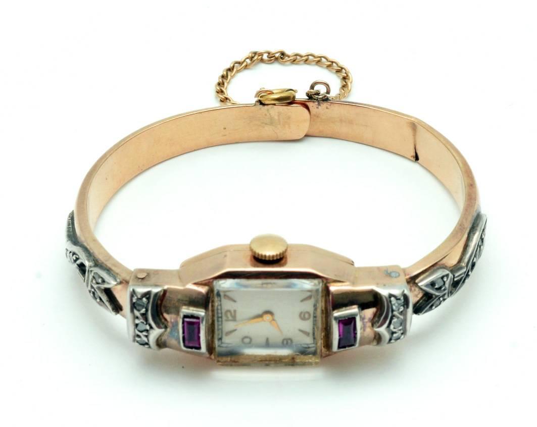 Retro Ladies 18K Yellow Gold, Diamond, and Ruby Bracelet Wristwatch, c1940 4