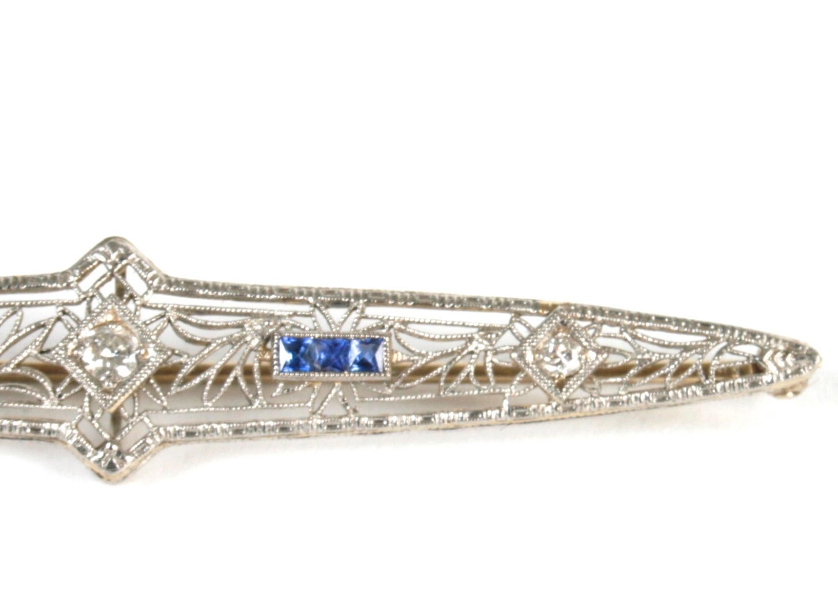 Women's Art Deco Diamond, Sapphire, and 14 Karat White Gold Bar Pin, Brooch 