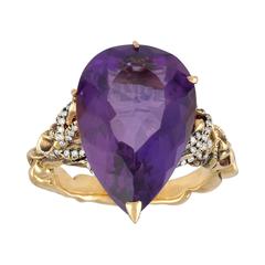 15.00 Carat Pear Shaped Amethyst 18 Karat Yellow Gold Diamond Ring 6