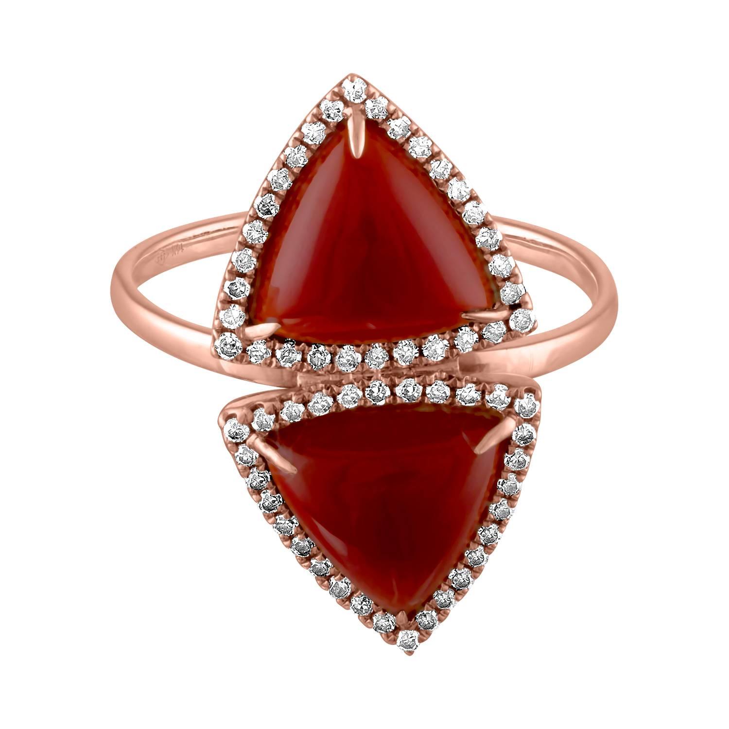 4.00 Carat Trillion Red Agate And Diamond Gold Ring