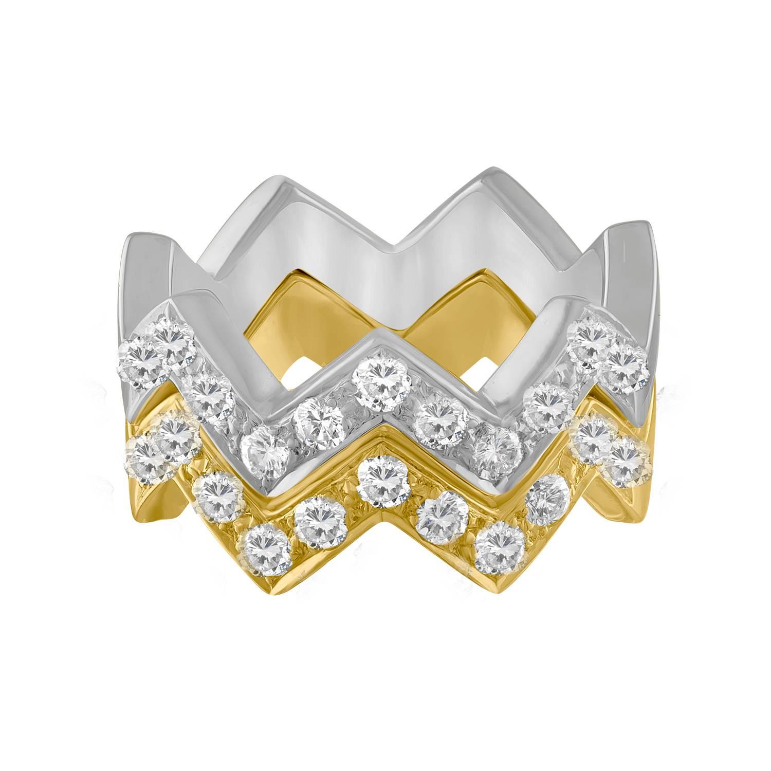 Mazzoli, bagues empilables zigzag en or et diamants de 1,00 carat