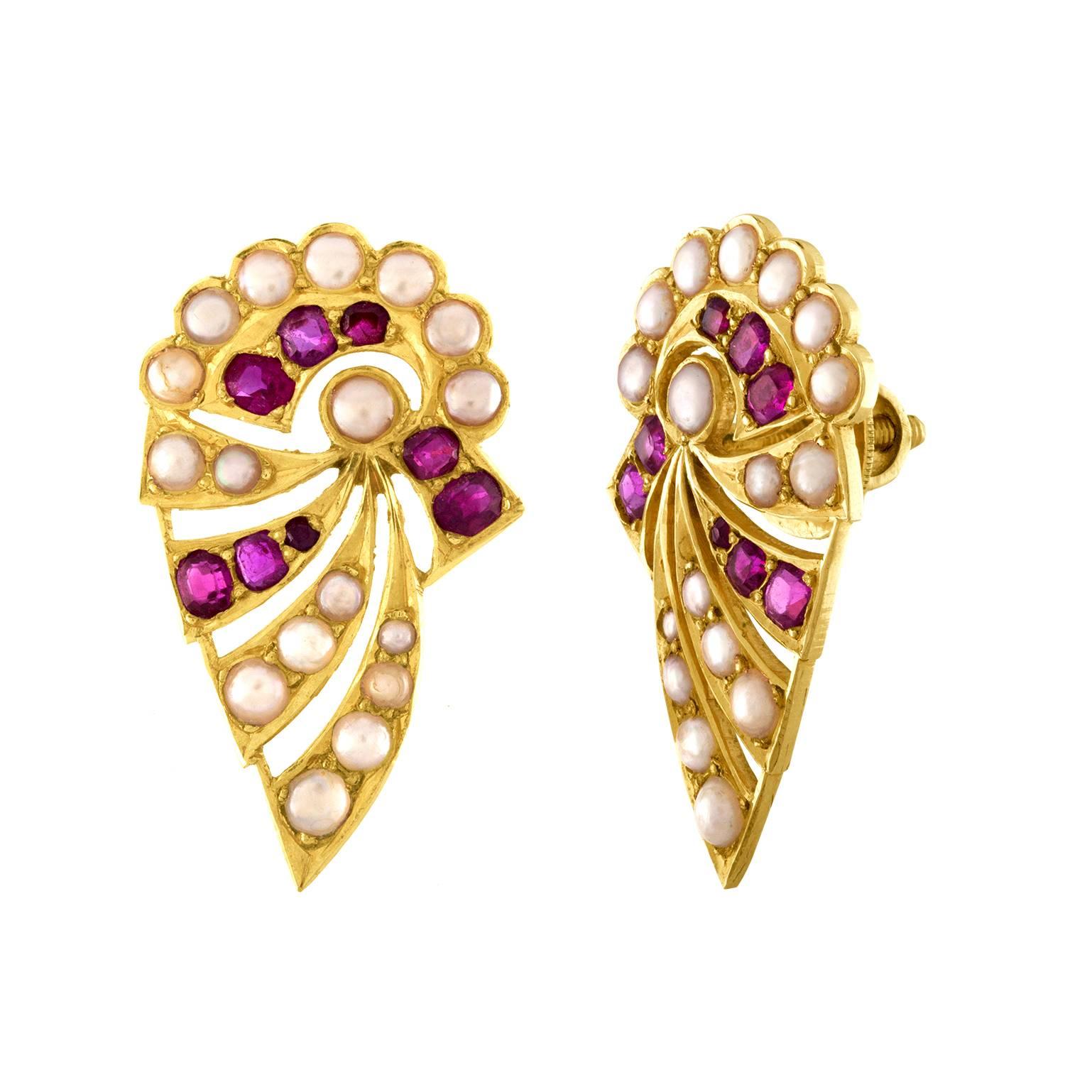Burma Rubies and Pearls Gold Earrings