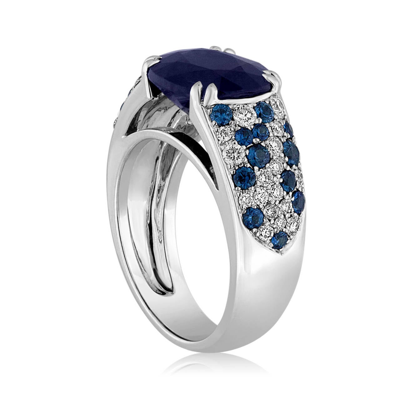 Mauboussin Nuit d'Amour Ring Sapphire, Diamond and Gold Ring
18K White Gold
4.20ct middle sapphire stone
1.00ct diamonds F/G VS/SI
1.50ct small sapphires
The ring is a size 5.25
