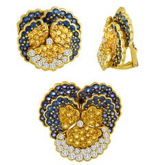 Vintage Jean Vitau Pansy Sapphire & Diamond Earrings and Brooch Set