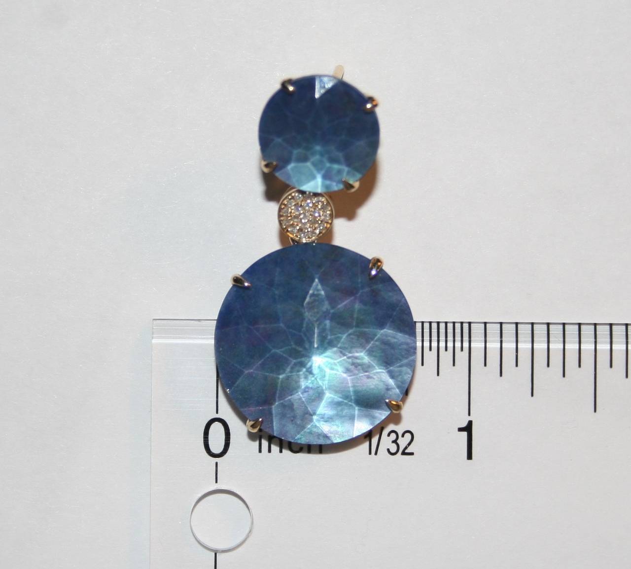 Round Cut Triplet Rock Crystal MOP Lapis Diamond Gold Drop Earrings For Sale