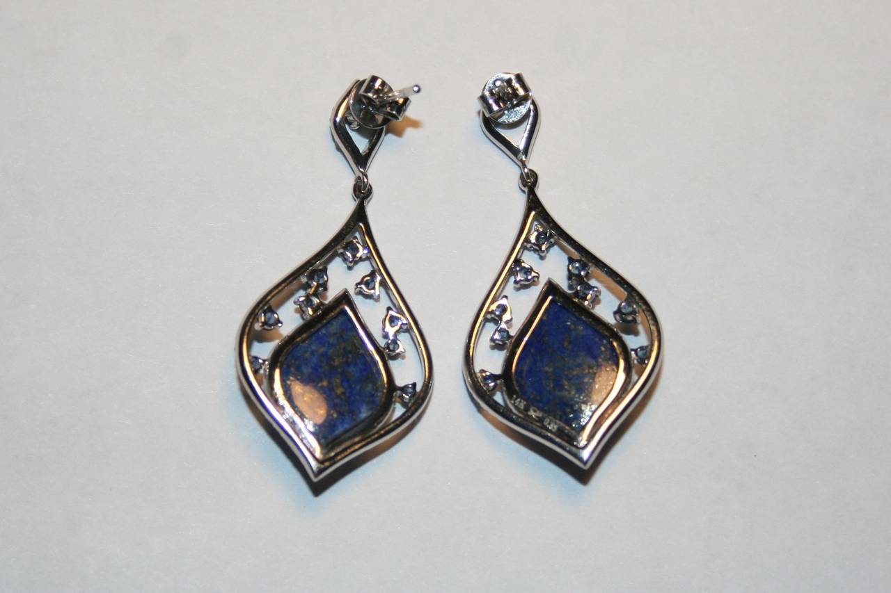 Contemporary Lapis Sapphire Diamond Gold Drop Earrings