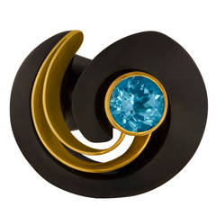 E.W. Schreiber KG Ebony Wood & 8.00 Carat Blue Topaz Gold Ring 4