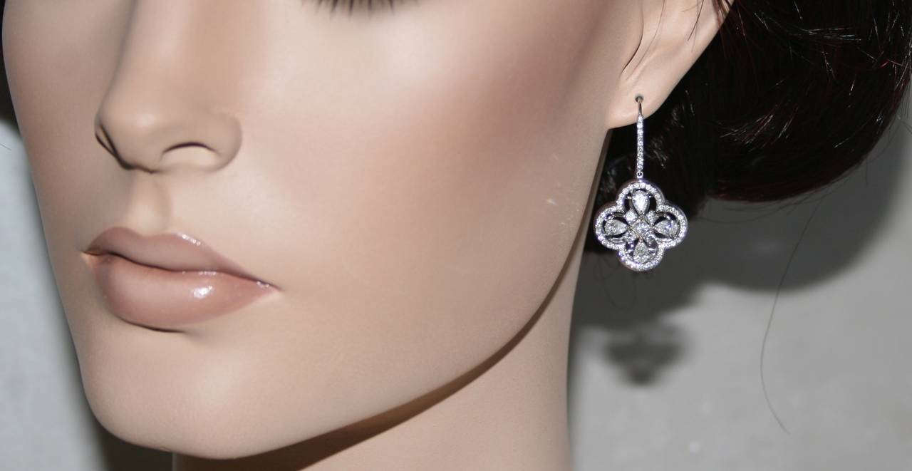 One of a Kind Clover Earrings
The earrings are 18K White Gold 
There are 3.15 Carats of Diamonds F VS
Earrings Measure 1.5