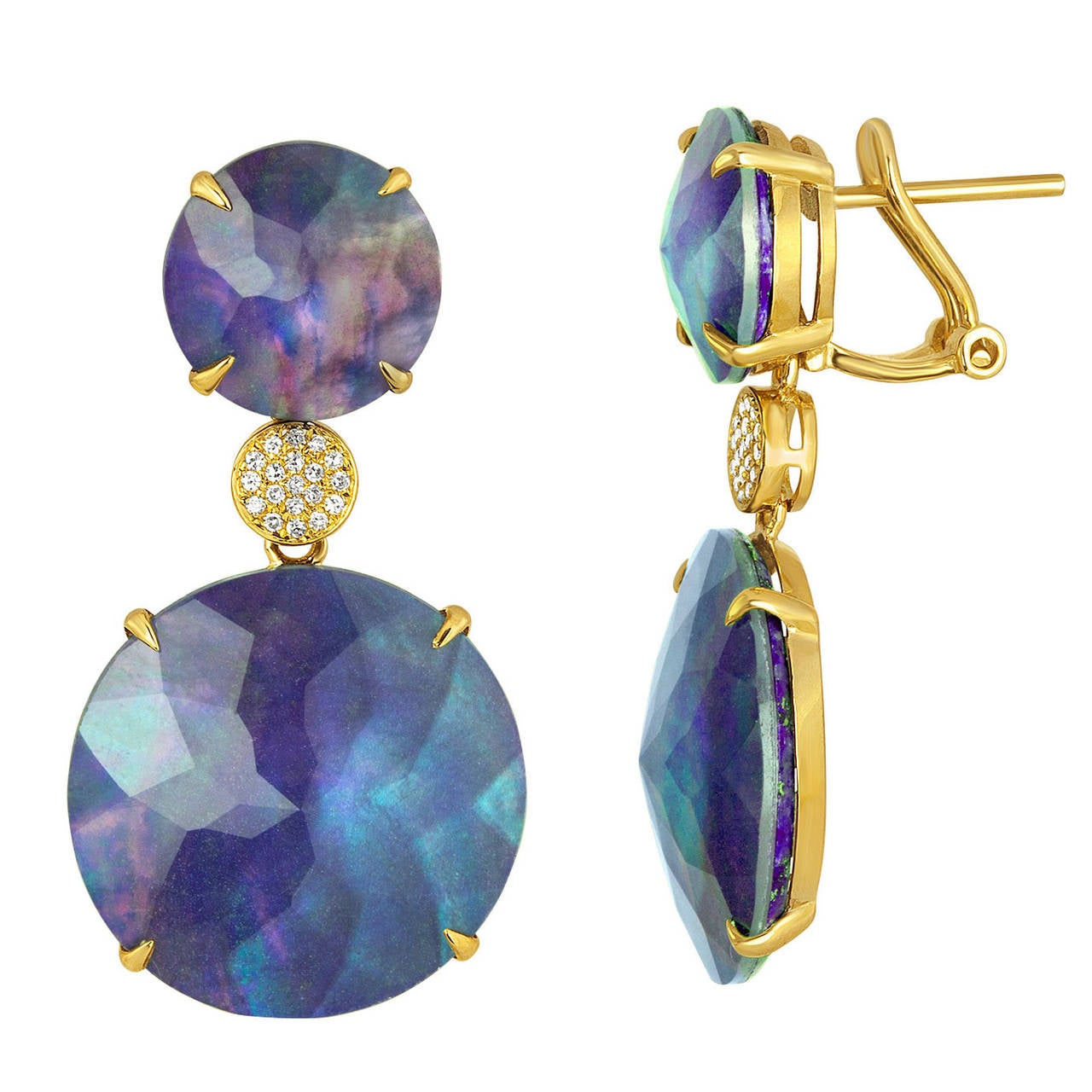 Tropfenohrringe mit dreifachem Bergkristall, MOP, Lapis, Diamant, Gold im Angebot