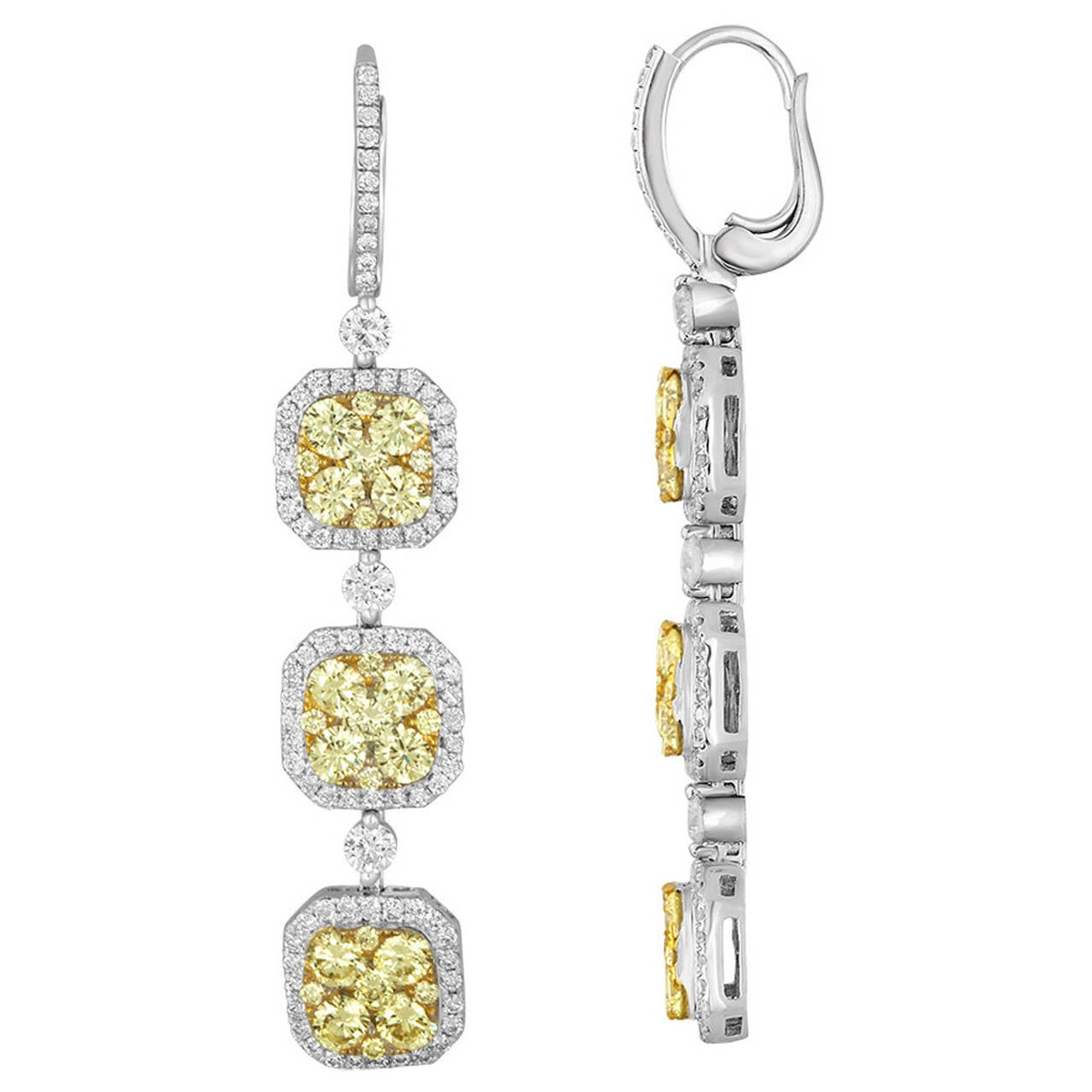 4.45 Carats Fancy Light Yellow Diamond Gold Three Tier Dangle Earrings For Sale