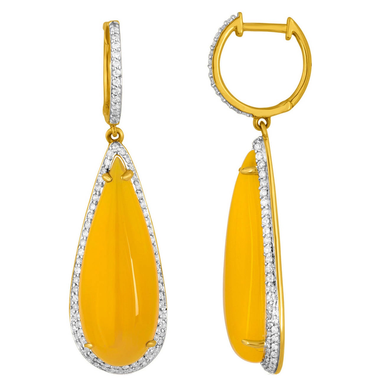 21.00 Carats Yellow Agate Diamond Gold Drop Earrings