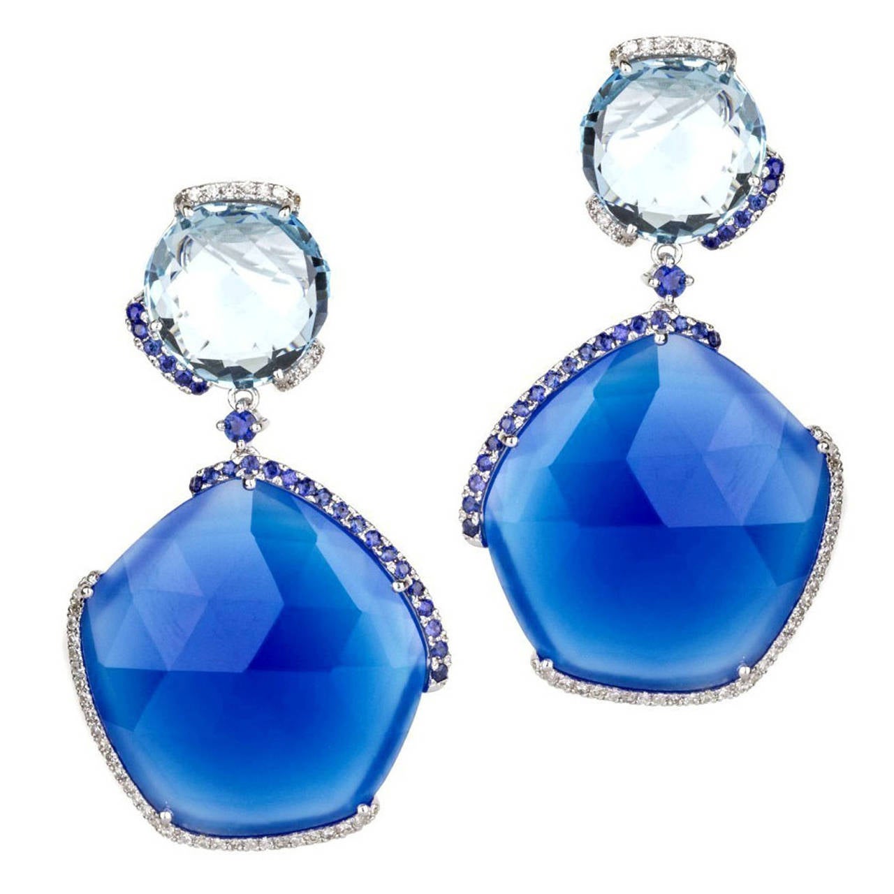 Blue Agate Topaz Sapphire Diamond Gold Drop Earrings