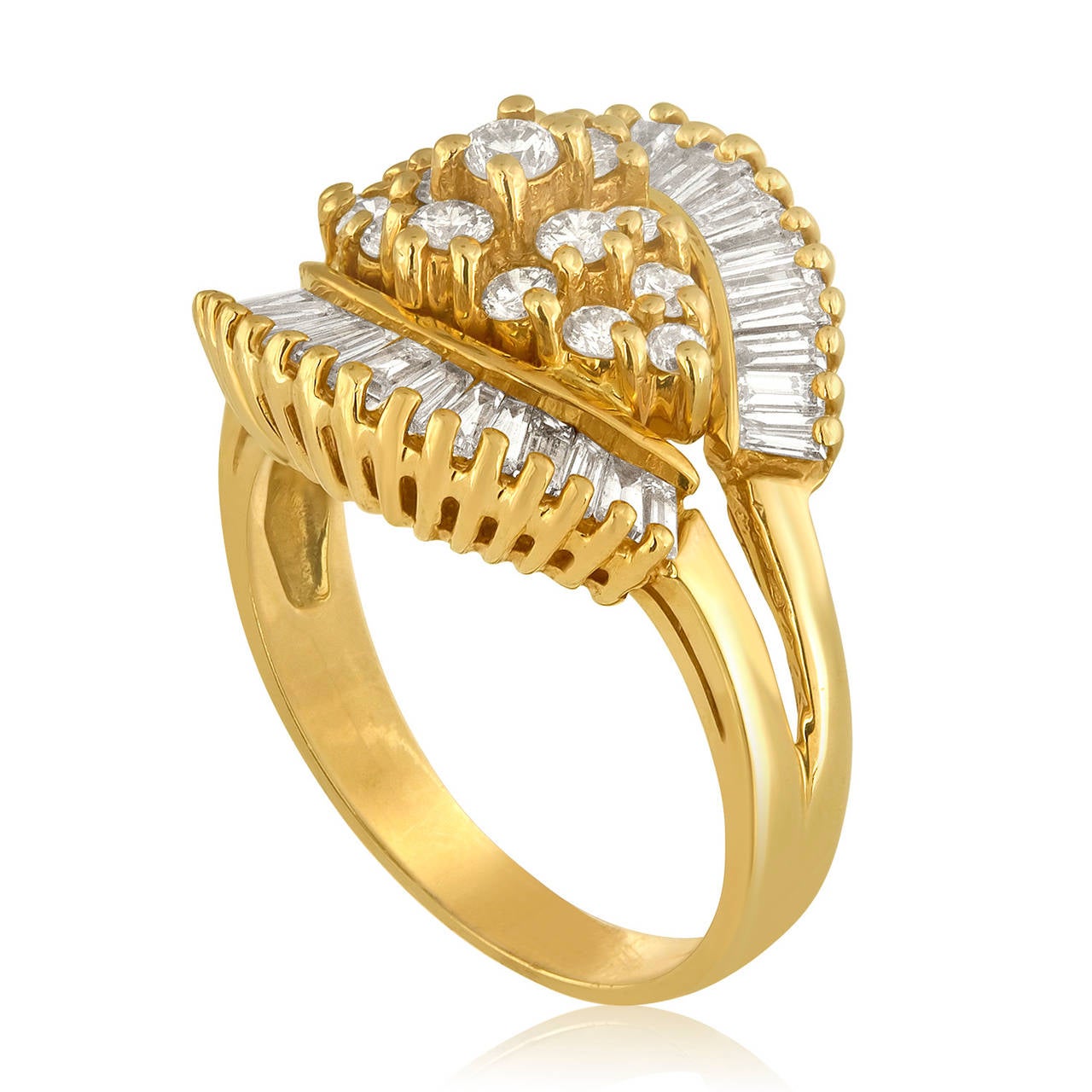 Beautiful 1990's Ballerina Ring.
The ring is 14K Yellow Gold
1.50ct in Diamonds H VS
The ring weighs 6.0 grams
The ring is a size 7, sizable.