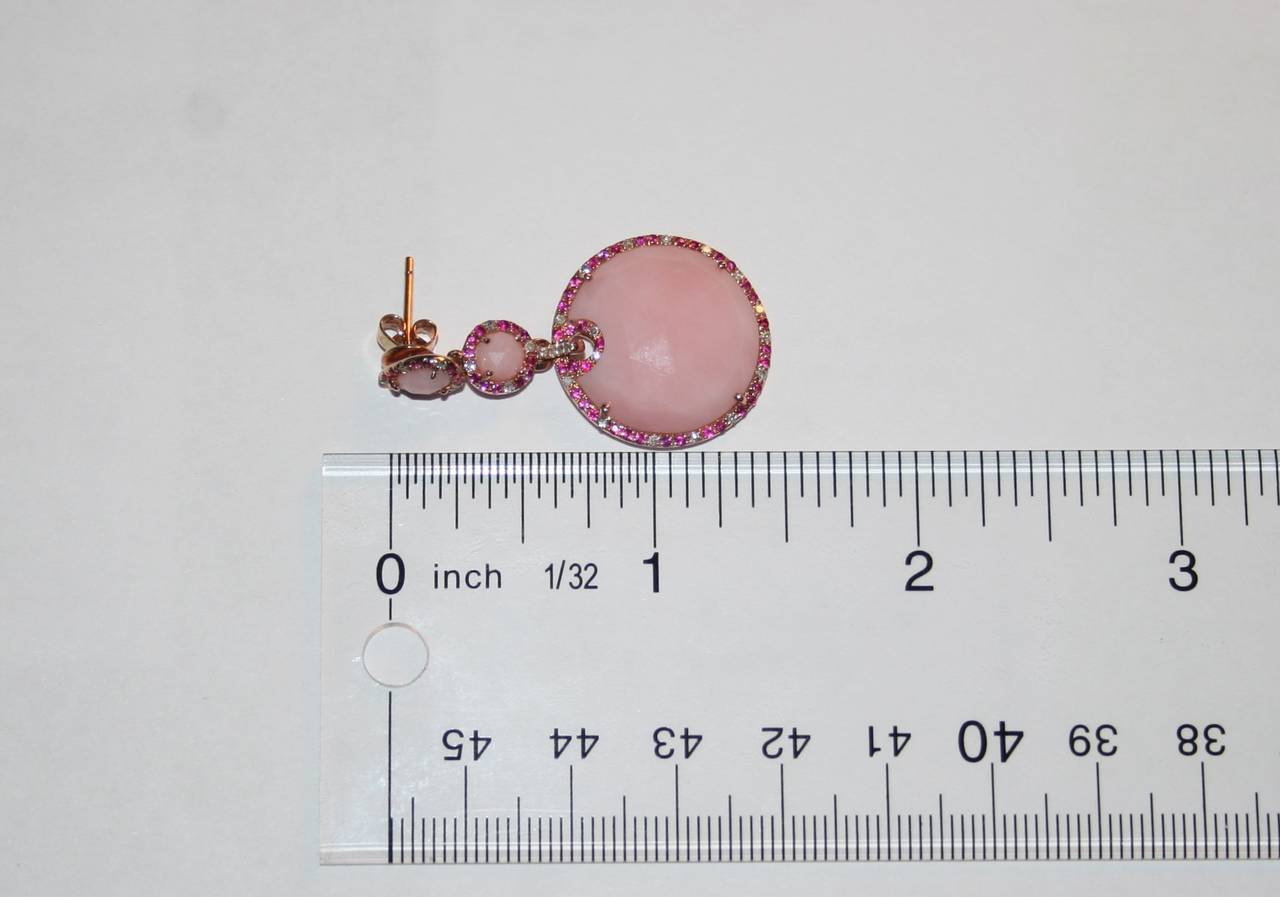 Contemporary Pink Opal Diamond Ruby Gold Drop Earrings