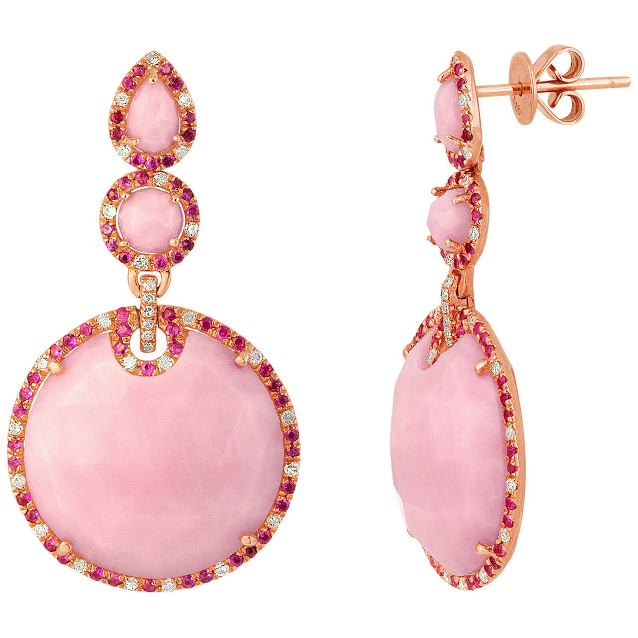 Pink Opal Diamond Ruby Gold Drop Earrings