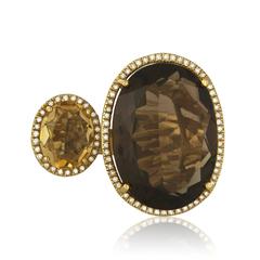 19.75 Carats Smoky Quartz and Citrine Diamonds Gold Ring
