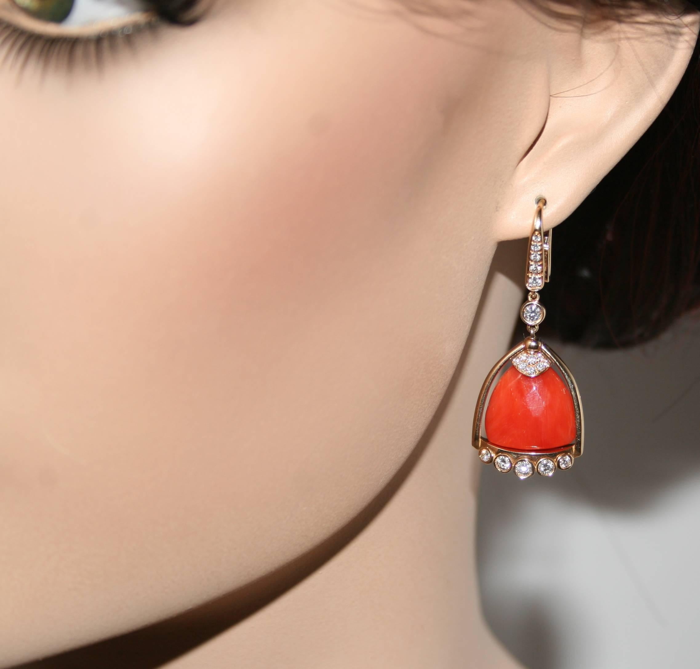 Modern Angeletti Coral and Rose Gold Italian Diamond Earrings For Sale