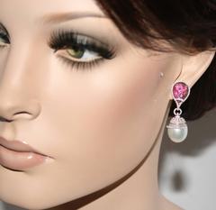 South Sea Pearl and Tourmaline 1.00 Carats Diamond Gold Earrings