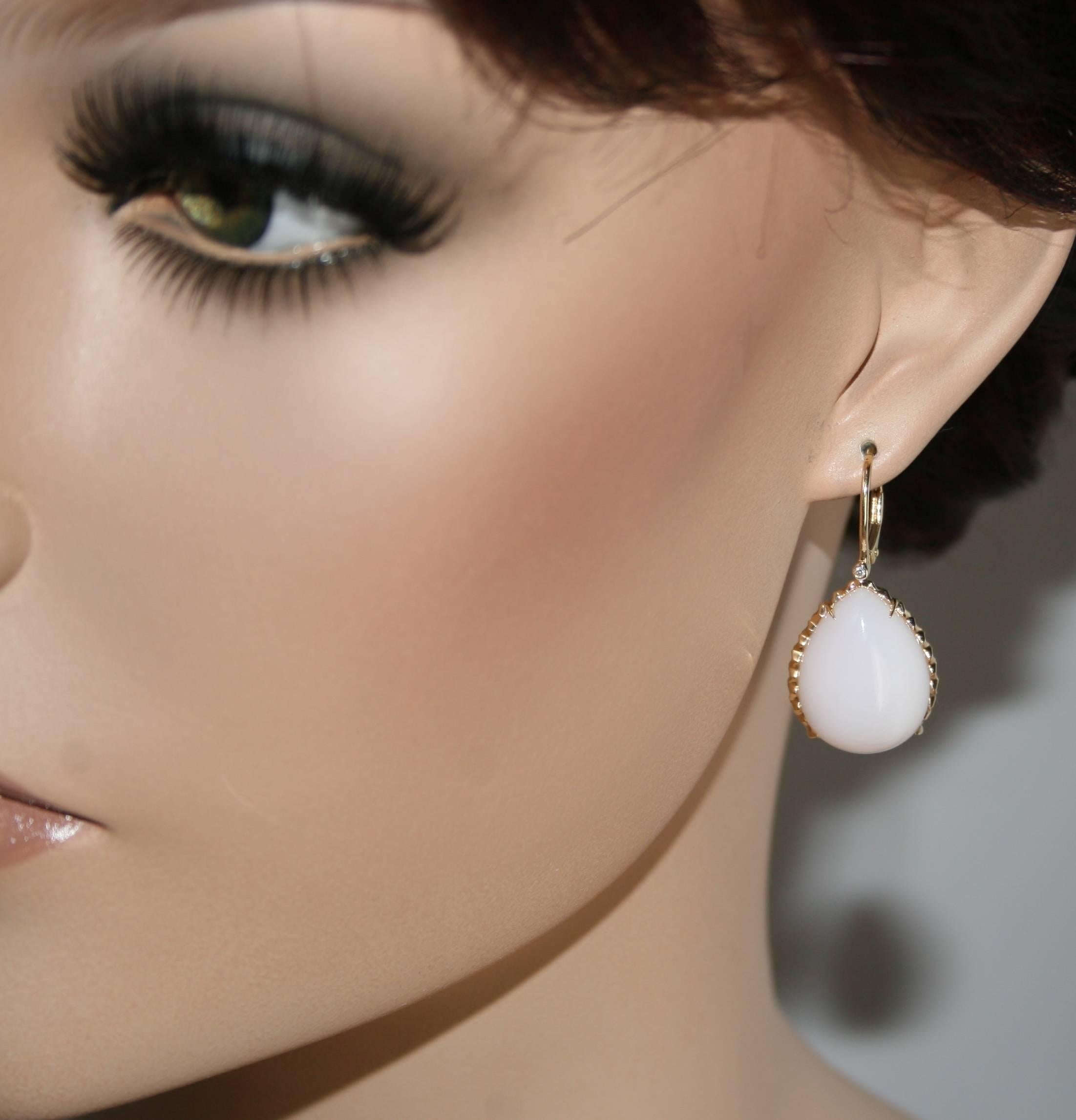 Modern Pink Tear Drop 24.30 Carats Opal Diamond Gold Earrings