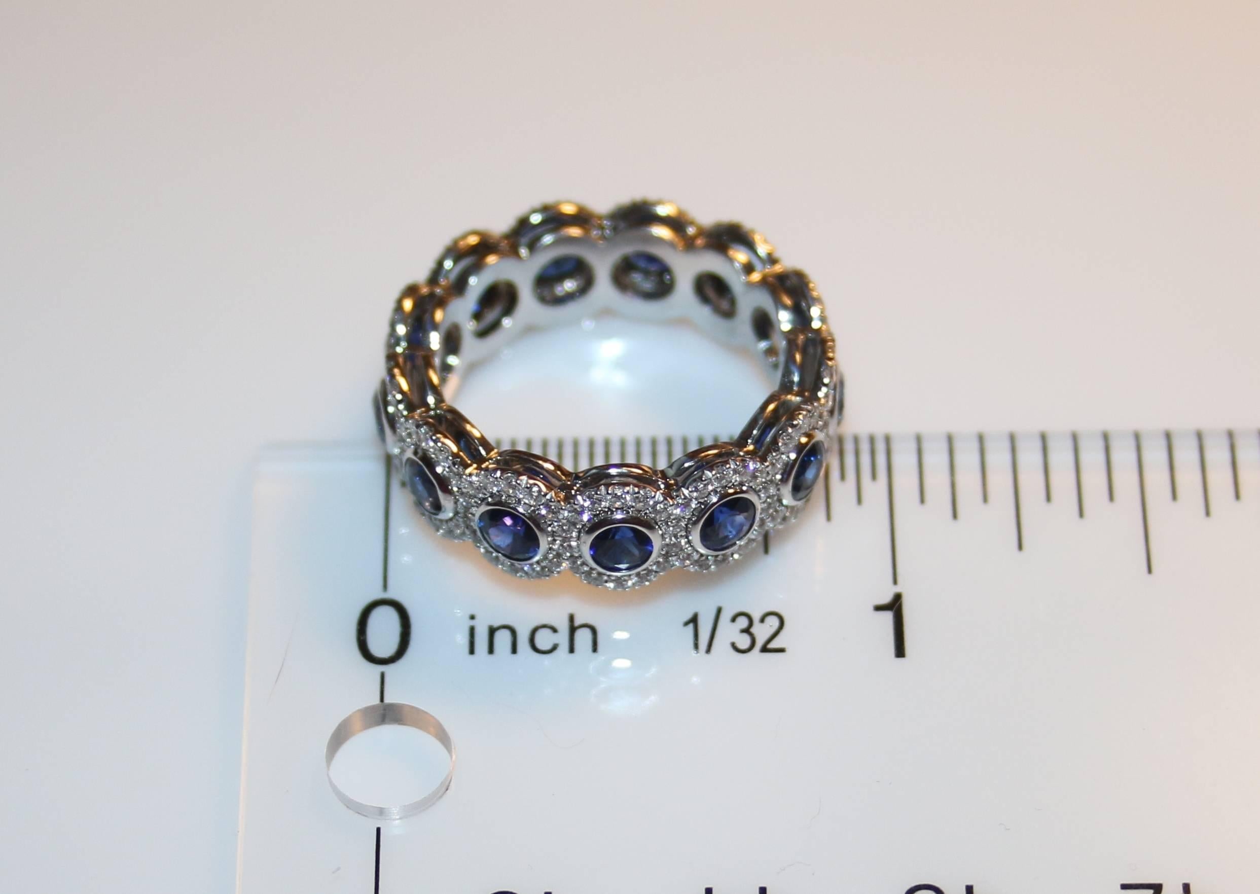 Round Cut 4.12 Carats Eternity Blue Sapphire Diamond Gold Band Ring For Sale