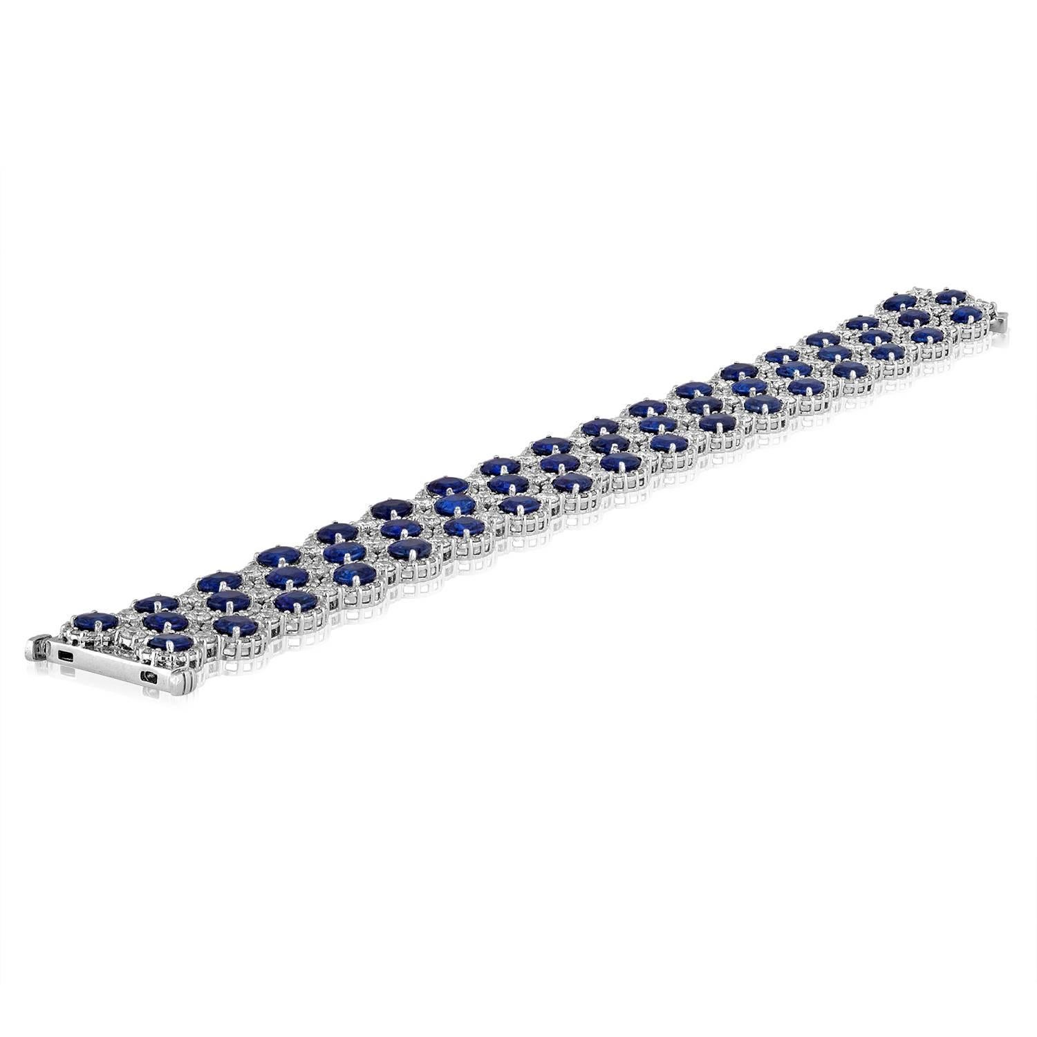 Classic Sapphire & Diamond Bracelet
The Bracelet has 22.10Ct in Blue Sapphires
Surrounded by 8.48CT in Diamonds F/G SI
The stones are set in 18K White Gold
The bracelet is 7