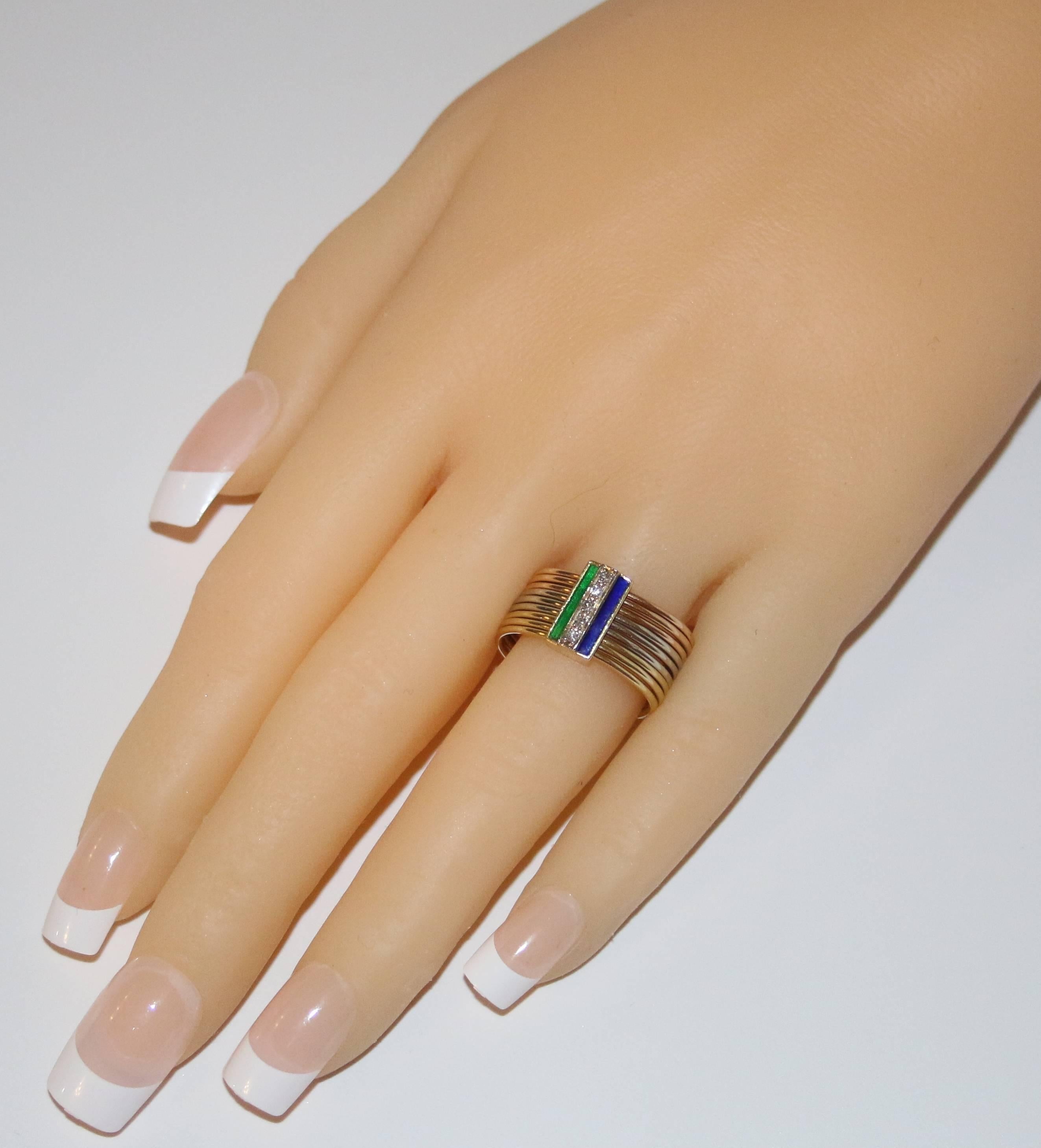 Modern Italian Enamel Diamond Three Color Gold Multi-Band Ring For Sale