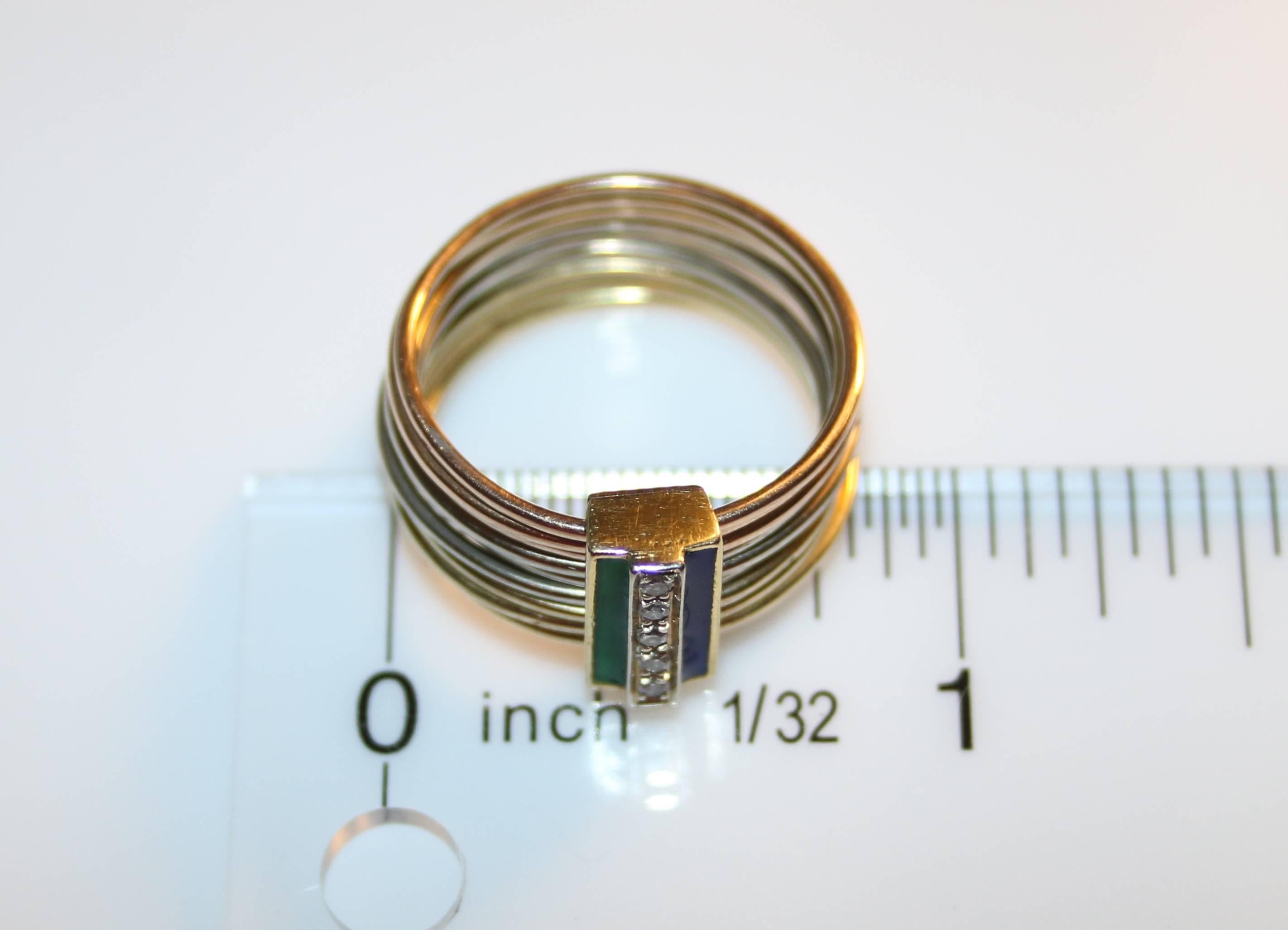 Round Cut Italian Enamel Diamond Three Color Gold Multi-Band Ring For Sale