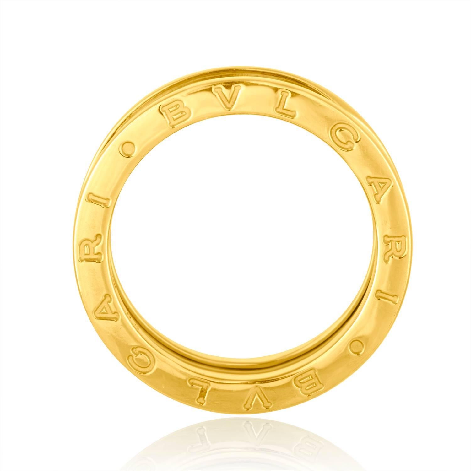 B.zero1 3-band Ring.
The ring is 18K Yellow Gold.
The ring is a size 8.5 or 58.
The ring weighs 10.8 grams.