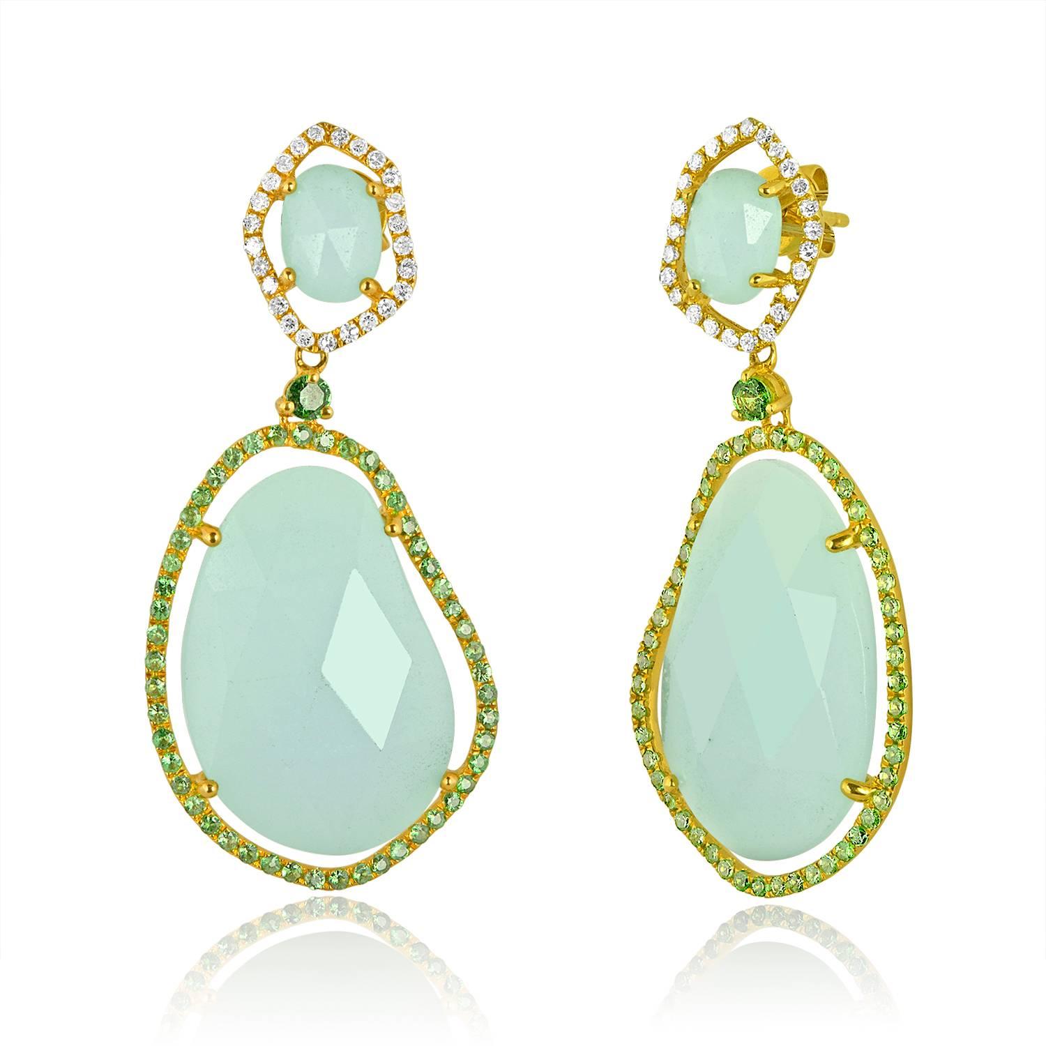 Amazonite Stones surrounded by Green Garnets and Diamonds 
Set in 14K Yellow Gold
30.36Ct of Amazonite
1.11Ct of Green Garnet
0.34Ct of Diamonds G SI
The earrings measure 1.75