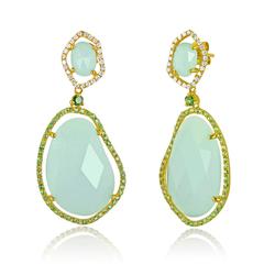 30.36 Carats Amazonite Green Garnet Diamond Gold Earrings