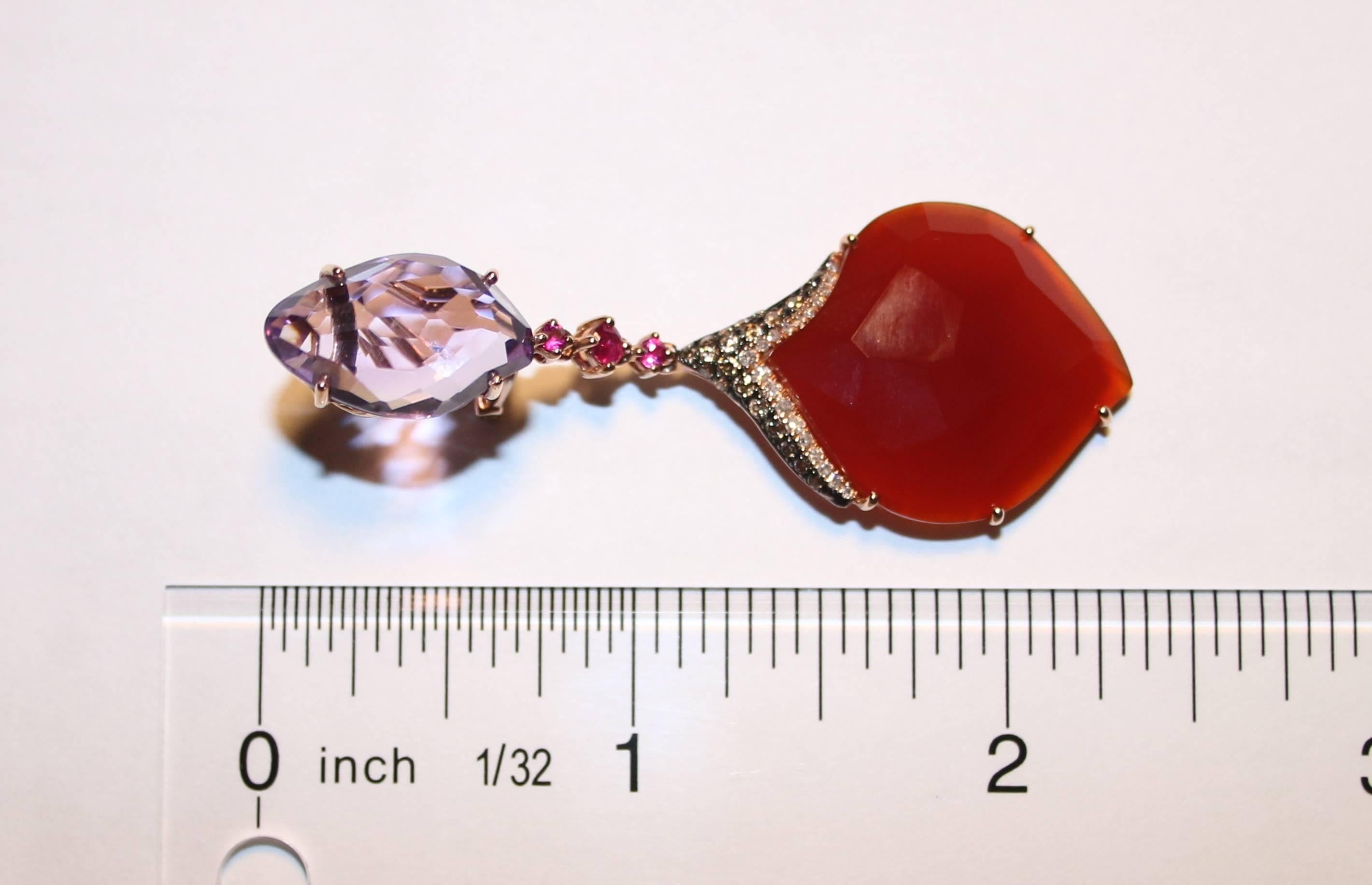 Modern Red Agate and Amethyst Drop Diamond Gold Earrings