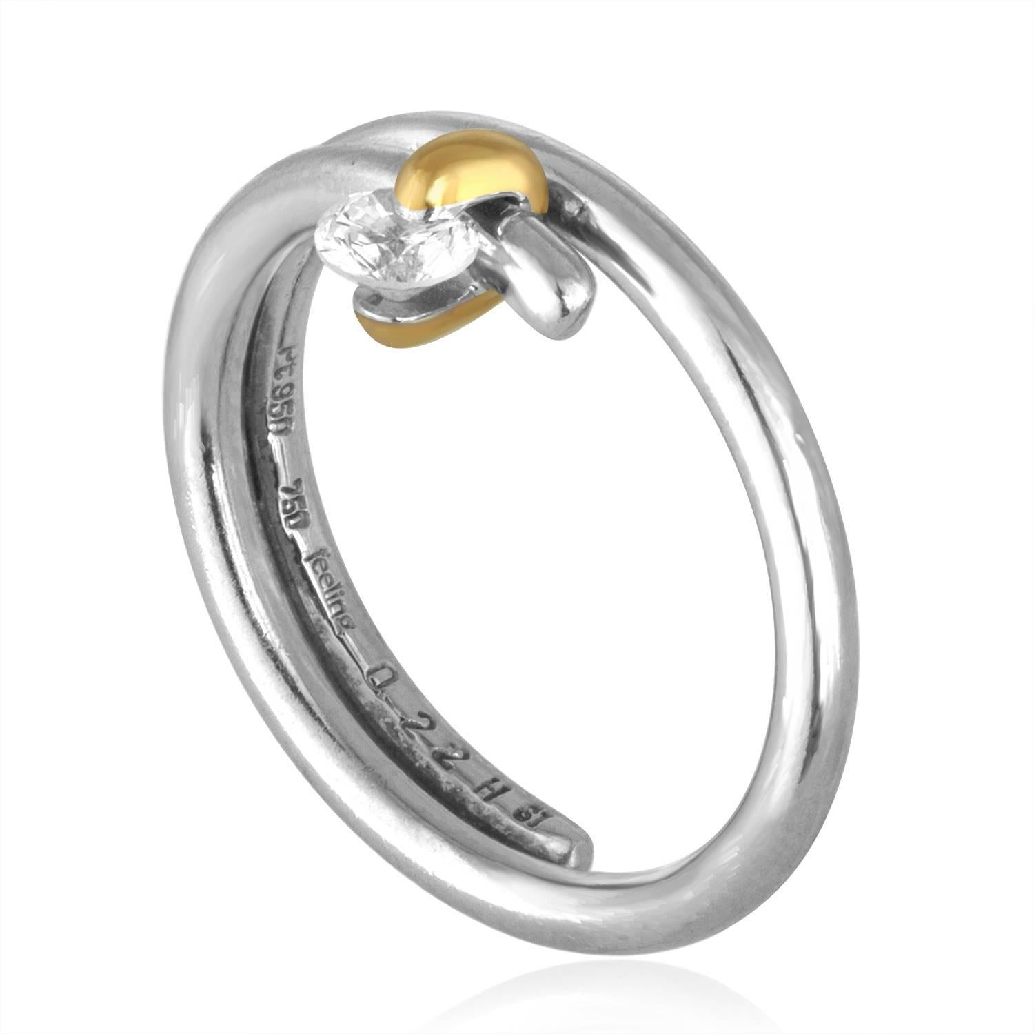 Creative Diamond Ring signed Feeling.
The ring is Platinum and 18K Yellow Gold.
The Diamond is 0.22Ct H SI1.
The ring is size 6.5, not sizable.
The ring weighs 6 grams.
