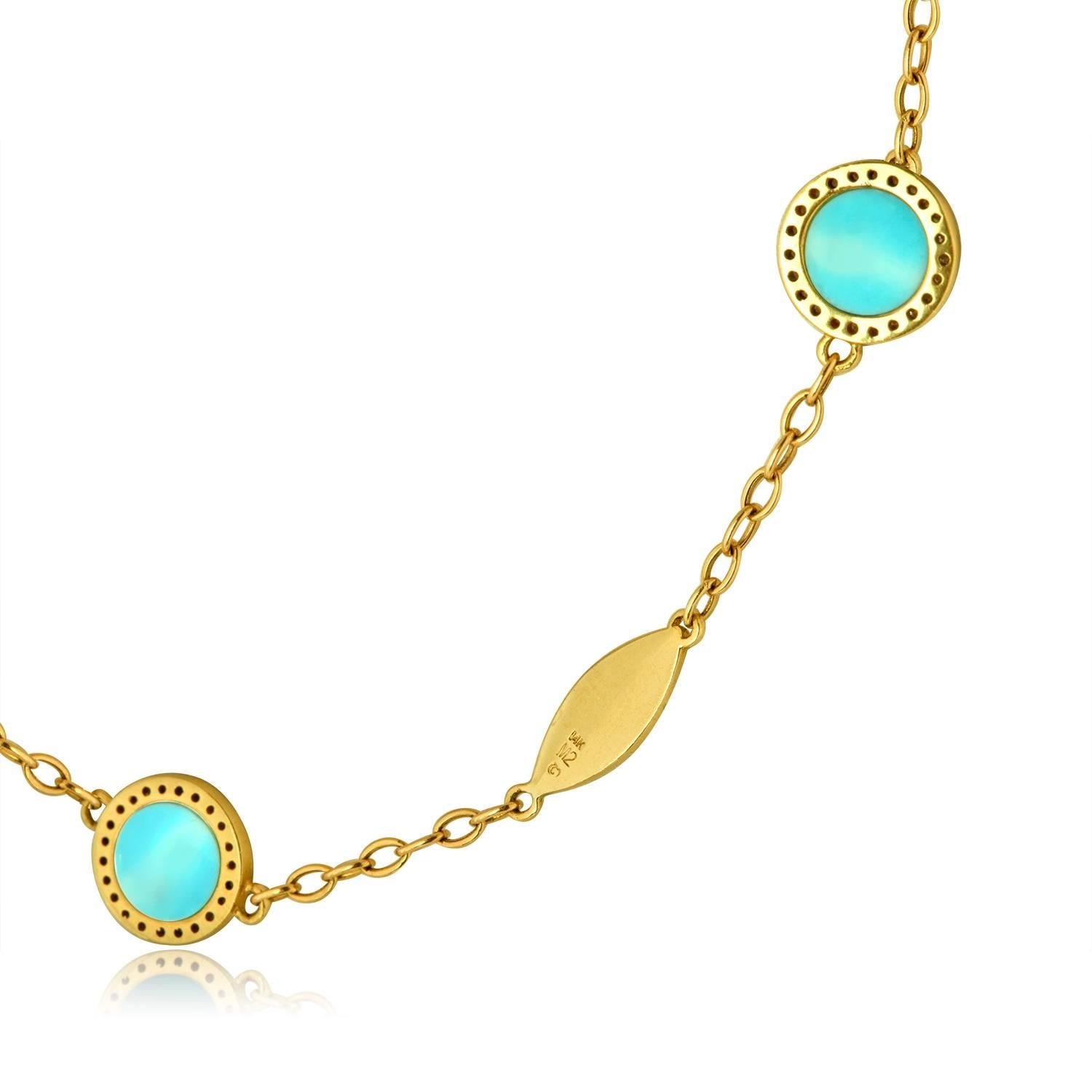 Beautiful & Fun Necklace
The necklace is 14K Yellow Gold
Turquoise discs are surrounded by diamonds 0.50CT H SI2/I1
The necklace weighs 7.9 grams.
The necklace is 18