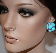 52.60 Carats Turquoise Sapphire Diamond Gold Cluster Clip Earrings