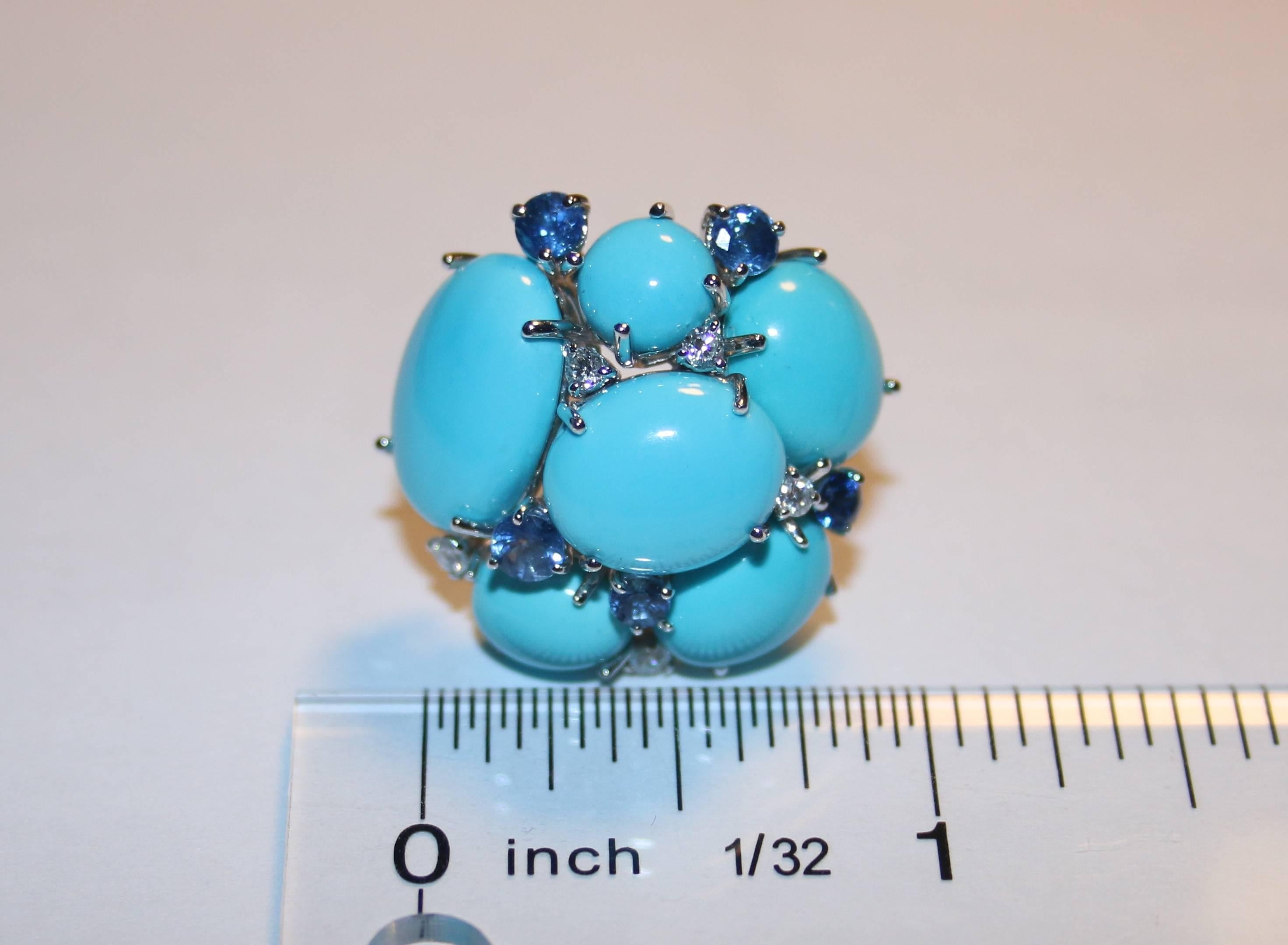 Modern 52.60 Carats Turquoise Sapphire Diamond Gold Cluster Clip Earrings