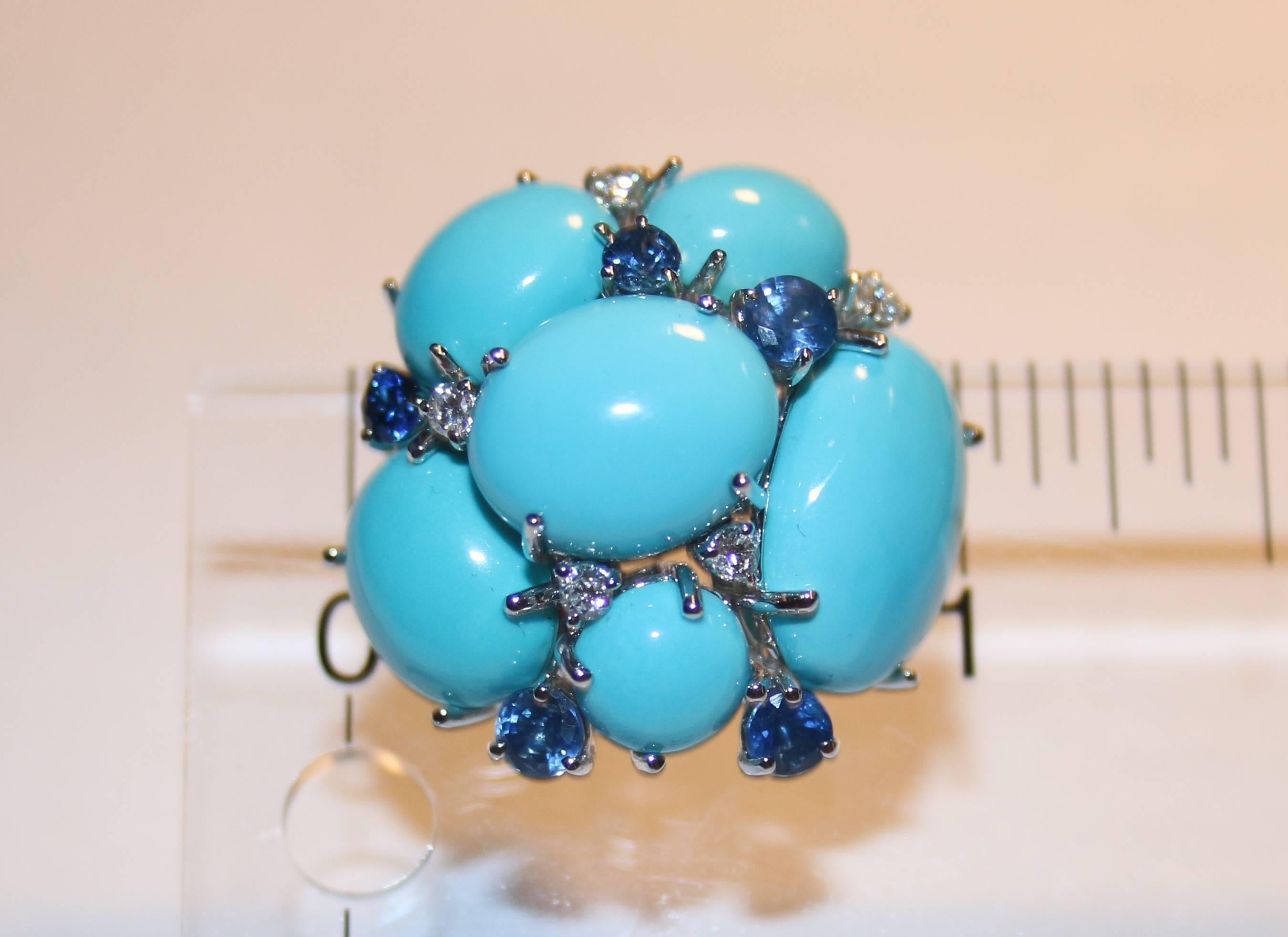 52.60 Carats Turquoise Sapphire Diamond Gold Cluster Clip Earrings In Excellent Condition In New York, NY