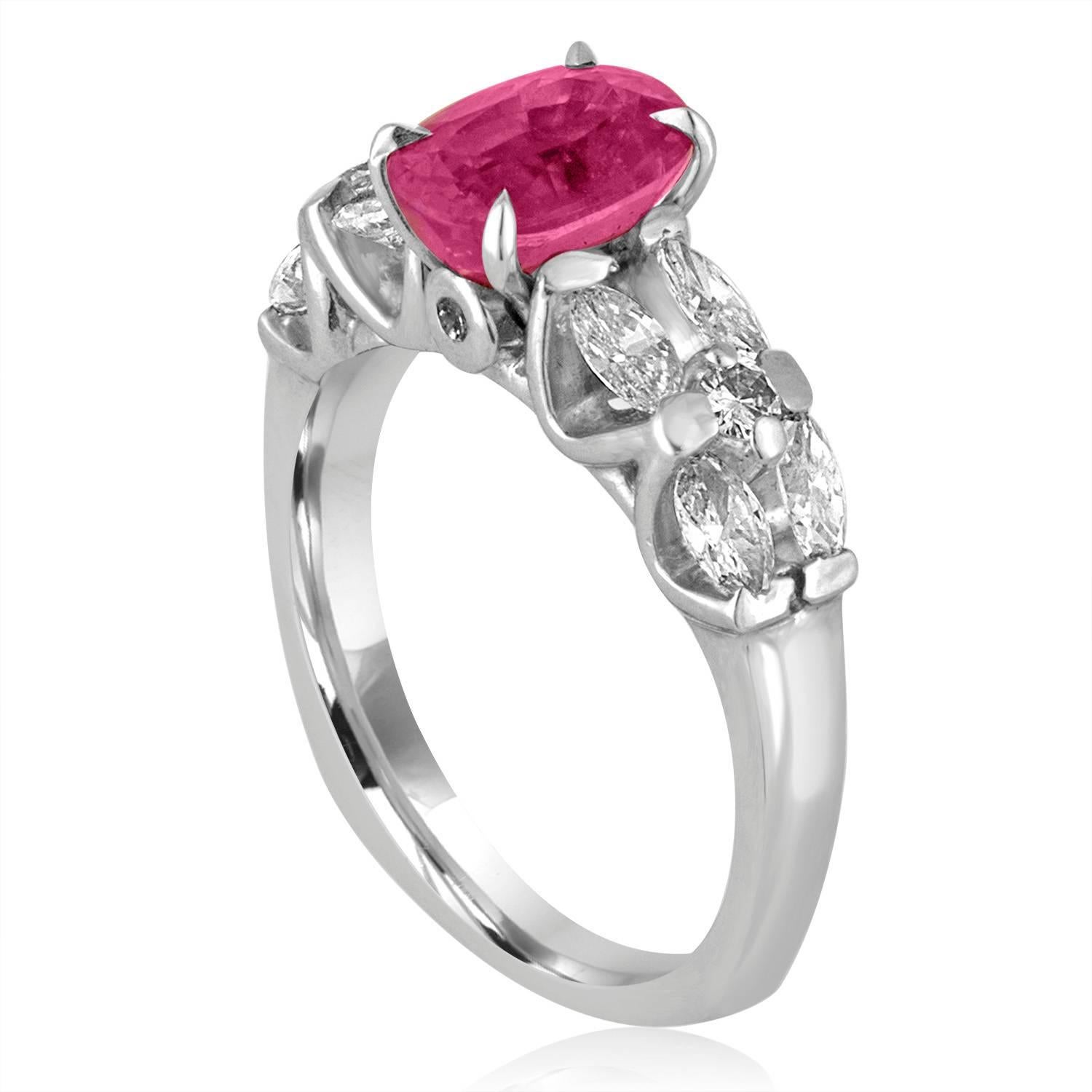 Beautiful Pink Sapphire Ring.
The ring is Platinum PLT 950.
The center stone is a 2.09 Carat Pink Sapphire.
The stone is Heated and Certified by LAPIS.
There are 0.80 Carat Diamonds G SI.
The ring is a size 6.5, sizable.
The ring weighs 7.7 grams